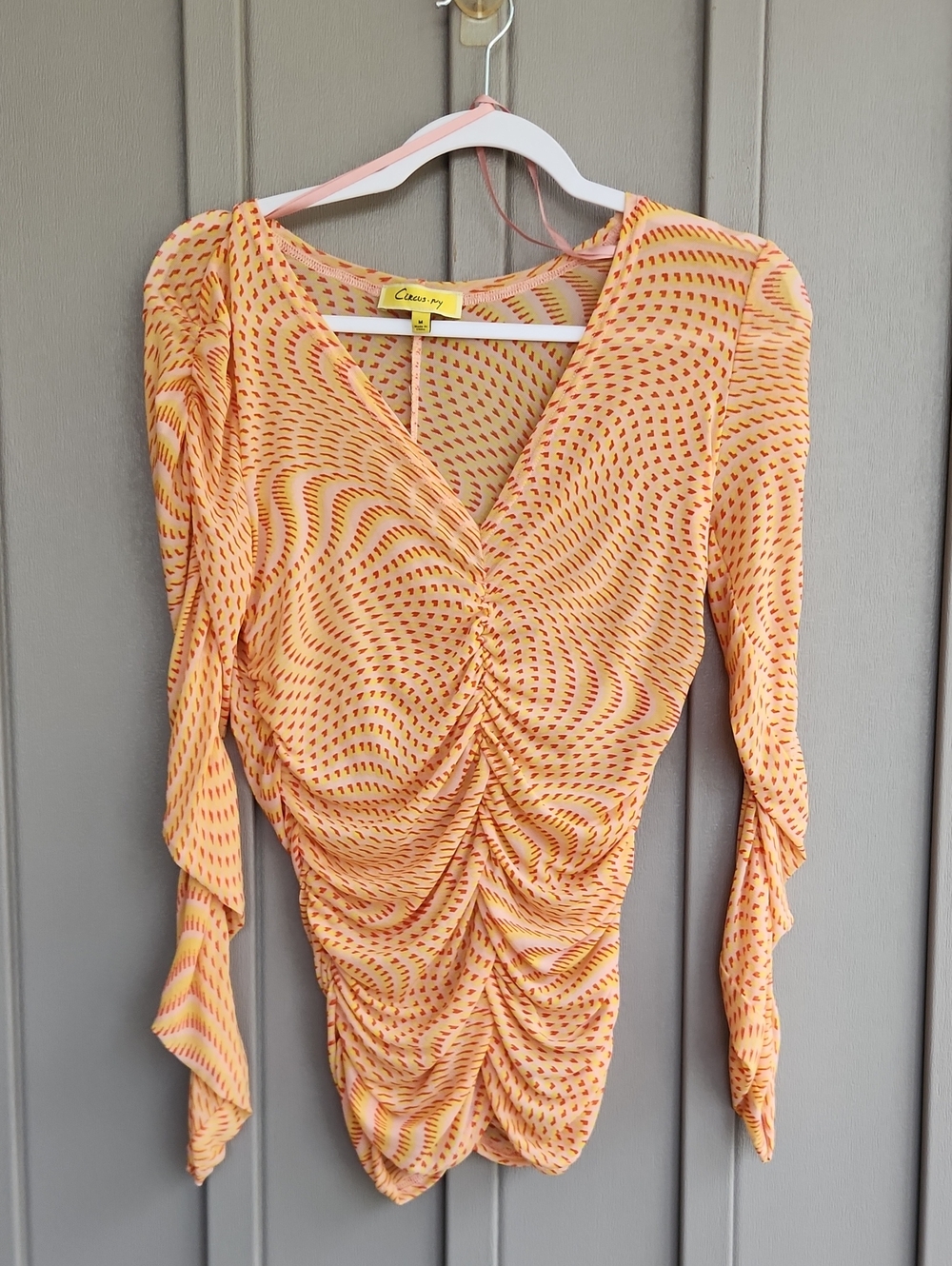 Ciao Milano Orange Patterned Ruched V-Neck Blouse